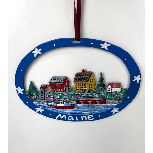 Maine Christmas Cut Metal Ornament Village Scene Handpainted Made In USA - Picture 1 of 5